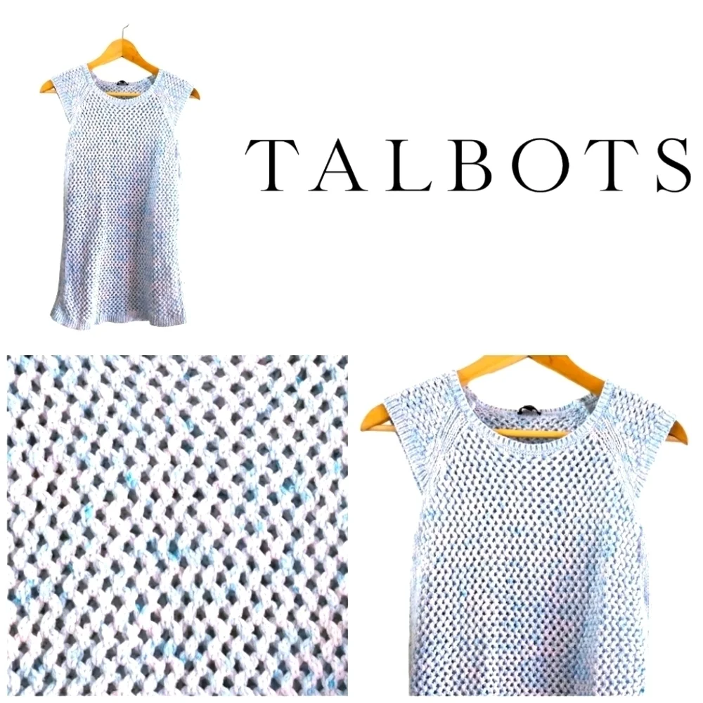 Y2K Talbots 100% Cotton Openwork Round-neck Crocheted Sweater Vest Blue& White - Picture 2 of 16